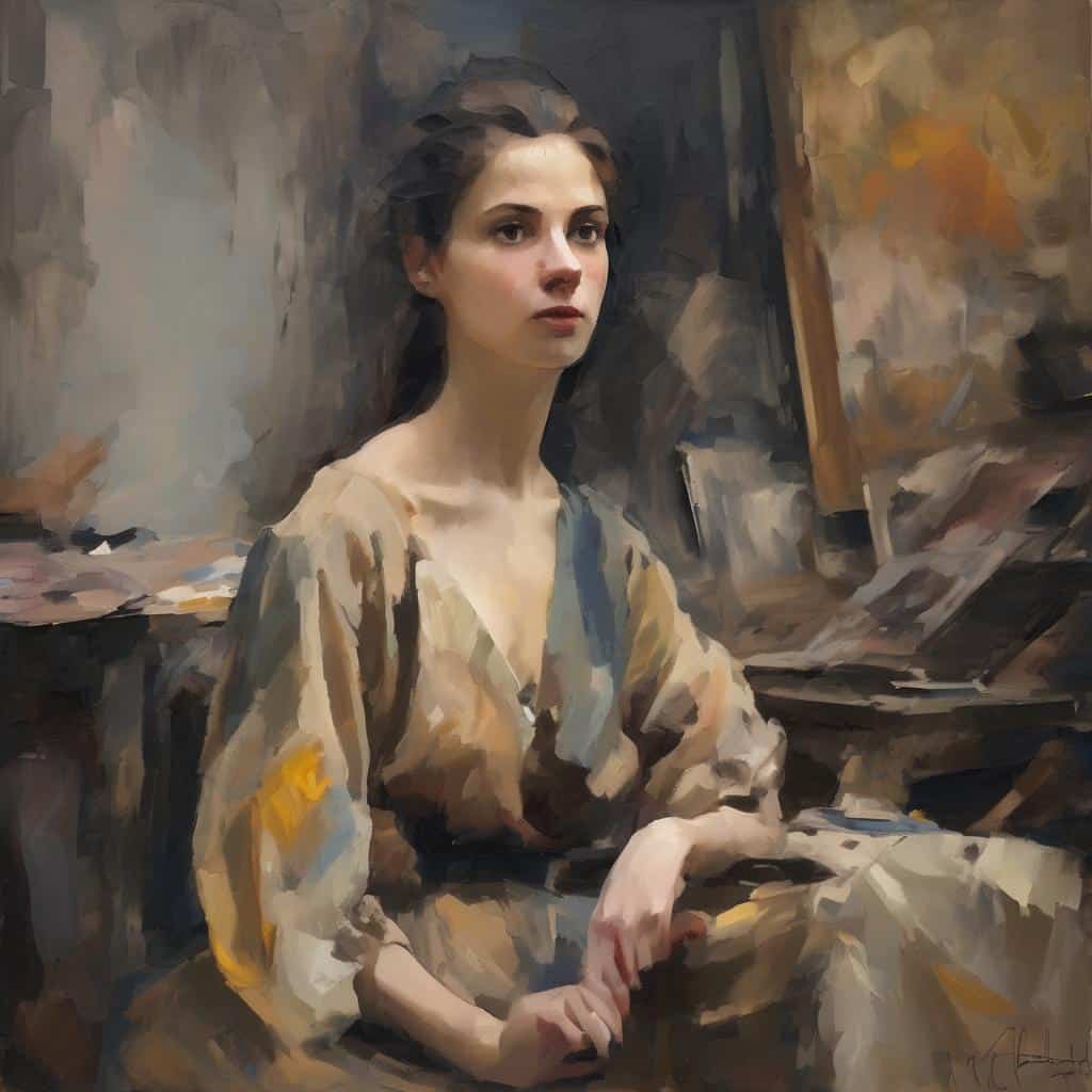 Πορτρέτο νεαής γυναίκας σε εσωτερικό χώρο, με κλασικό ύφος και άνετη στάση, σε καλλιτεχνικό στυλ ζωγραφιάς, με έμφαση στη μνήμη και το χρόνο.