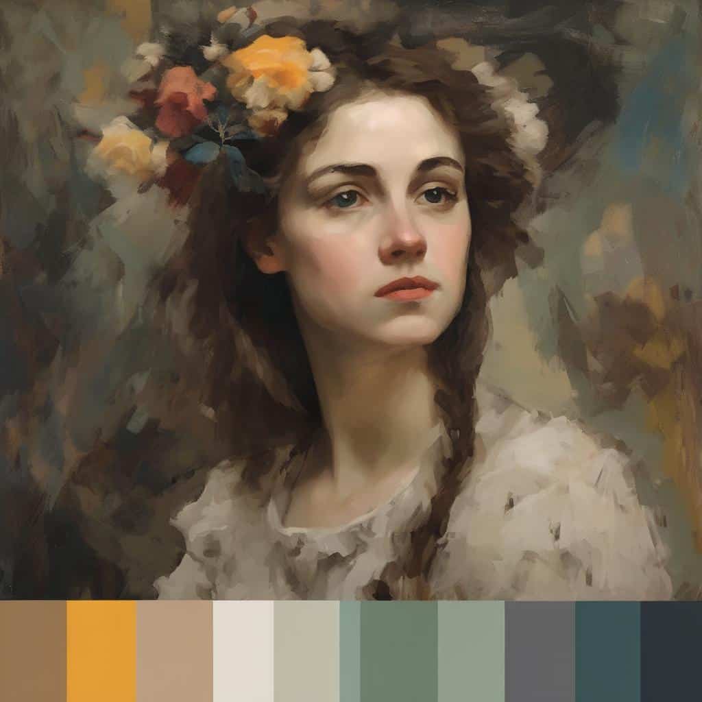 Αλτε κείμενο: Ένα πορτρέτο νεαρής γυναίκας με εκφραστικά μάτια και κοκκινομάλλικα μαλλιά, με καλλιτεχνικό ζωγραφικό στυλ και φλοράλ στοιχεία σε περιβάλλον με φυσικά χρώματα.