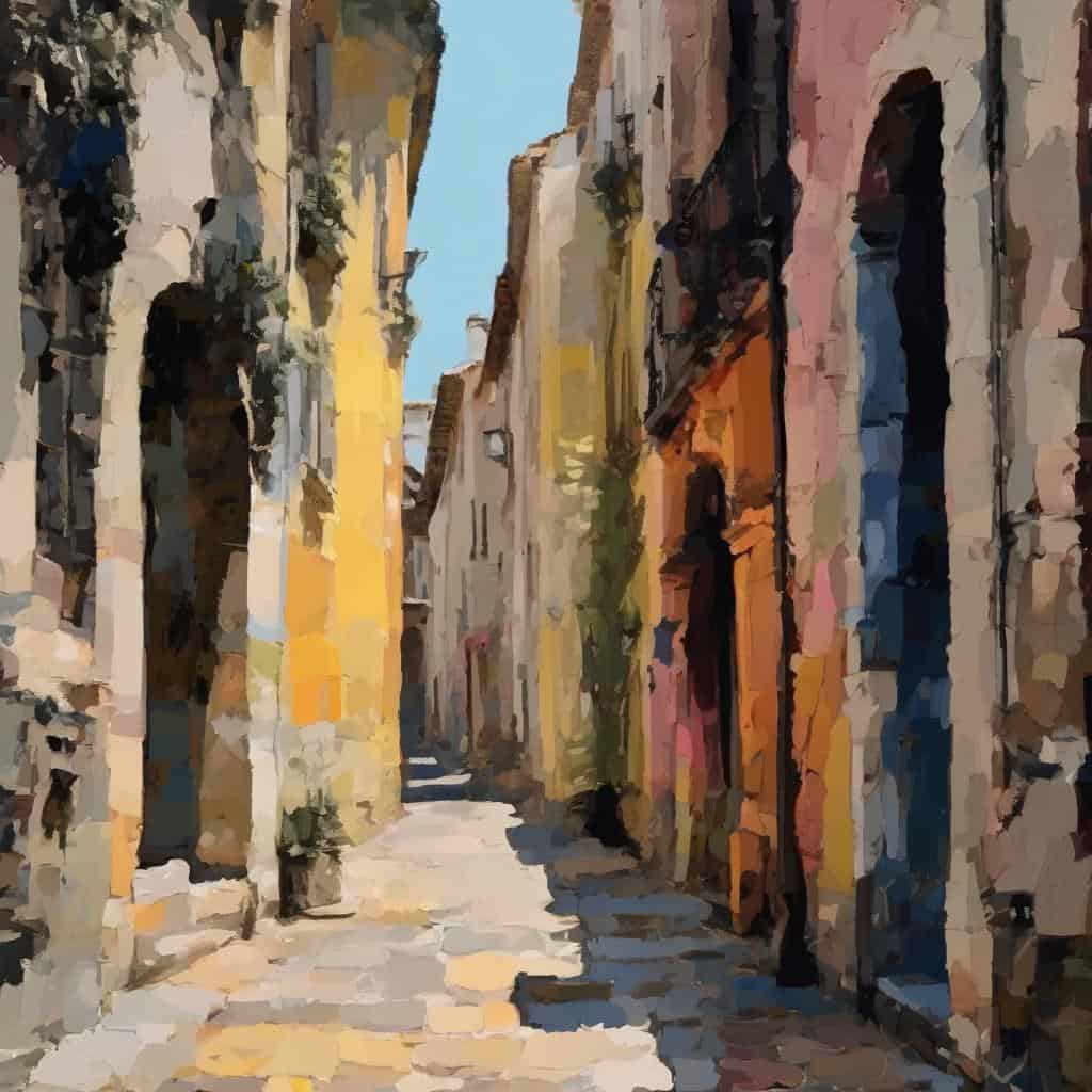 Μπαλκόνια και πέτρινοι δρόμοι σε παραδοσιακή ελληνική γειτονιά, απεικονίζοντας την τέχνη της μνήμης και του χρόνου, με χρώματα και αρχιτεκτονική που αναδεικνύουν την ιστορία και τη πολιτιστική κληρονομιά.