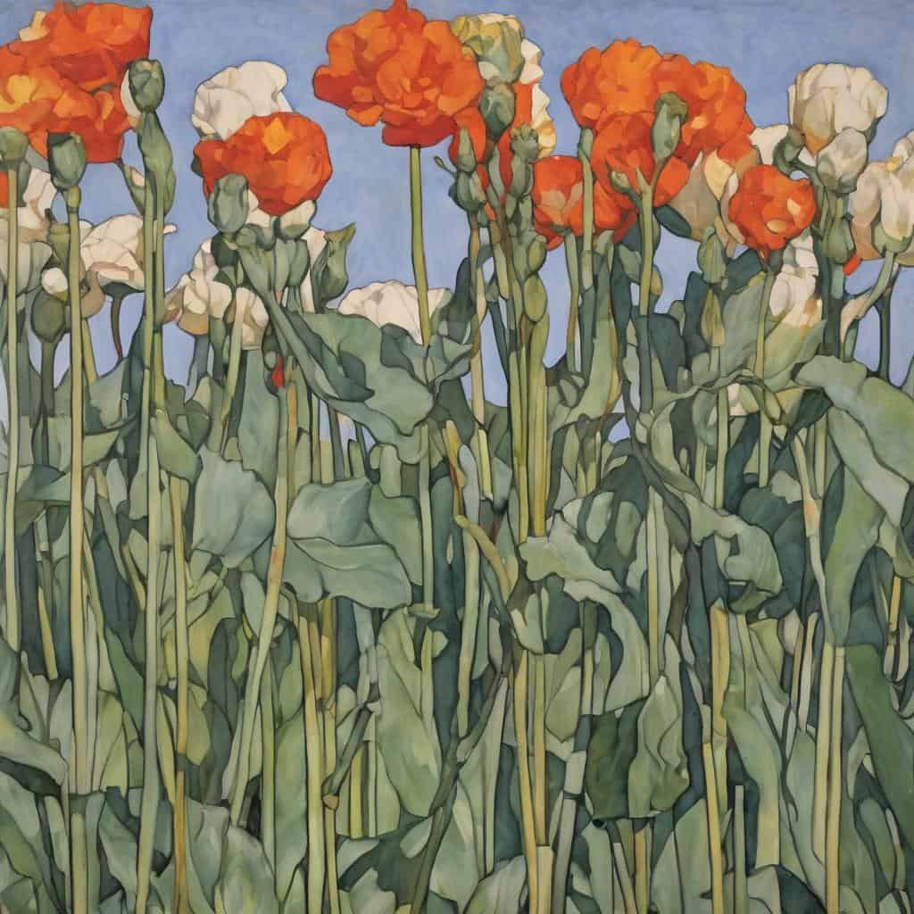 Πίνακας με φθινοπωρινά λουλούδια και πράσινα φύλλα, ζωγραφική τέχνη, έντονες αποχρώσεις λουλουδιών, θάμνοι, καλλιτεχνική αναπαράσταση, θέμα τέχνης της μνήμης και του χρόνου, εικόνα σύγχρονης τέχνης, χρωματικά ζωντανά στοιχεία, εικαστική δημιουργία.