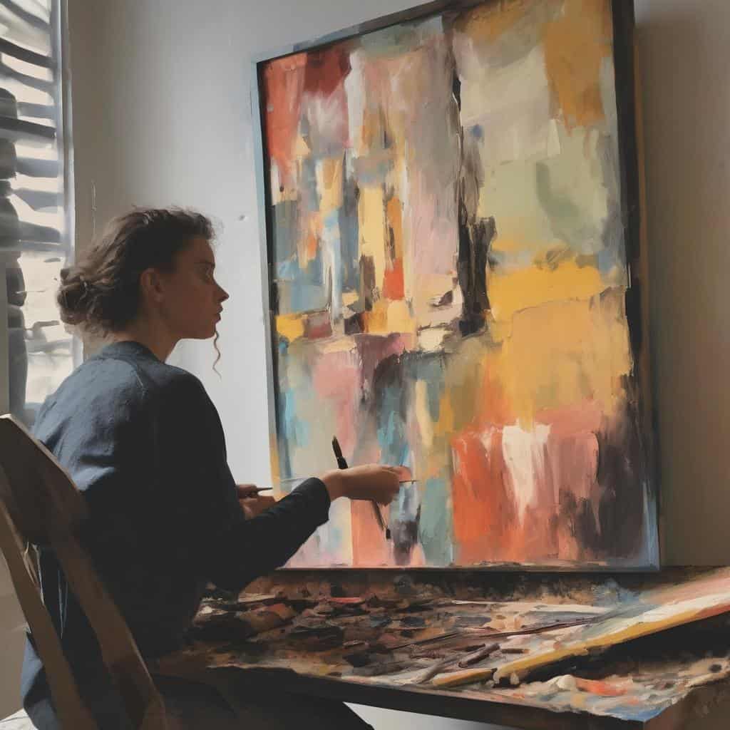 Ζωντανή καλλιτέχνης δημιουργεί αφηρημένο έργο τέχνης, συνδυάζοντας χρώματα και σχήματα, εκφράζοντας τη σχέση της με τη μνήμη και τον χρόνο μέσα από την τέχνη.