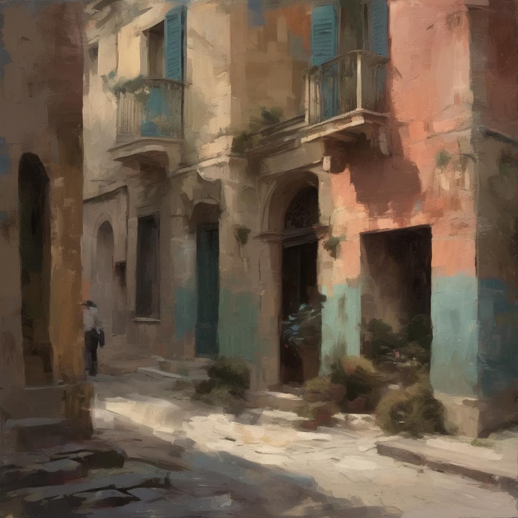 Παλιά αρτ νουβό πολυκατοικία με μπαλκόνια και ανοιχτές πόρτες σε στενό δρόμο, σε ρομαντικό και αφαιρετικό στυλ, με έμφαση στη μνήμη και το χρόνο.