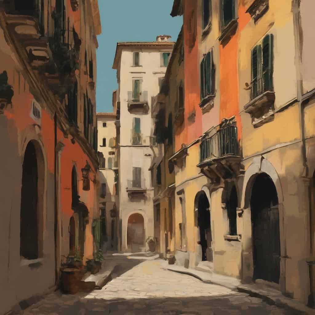 Γειτονιά στην παλιά πόλη της Ιταλίας, ζωγραφική εικόνα με πολύχρωμα κτίρια, καλλιτεχνική αναπαράσταση της μνήμης και του χρόνου, τέχνη της μνήμης, ιστορική αρχιτεκτονική, πολιτιστική κληρονομιά, Ιταλίδα και Καλλιτεχνική δημιουργία.