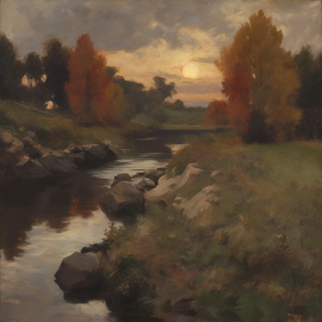 Ζωγραφικό έργο με επίκεντρο τη φύση, ποταμό και φθινοπωρινά δέντρα, απεικονίζοντας την τέχνη της μνήμης και του χρόνου σε ένα ήρεμο και νοσταλγικό τοπίο.